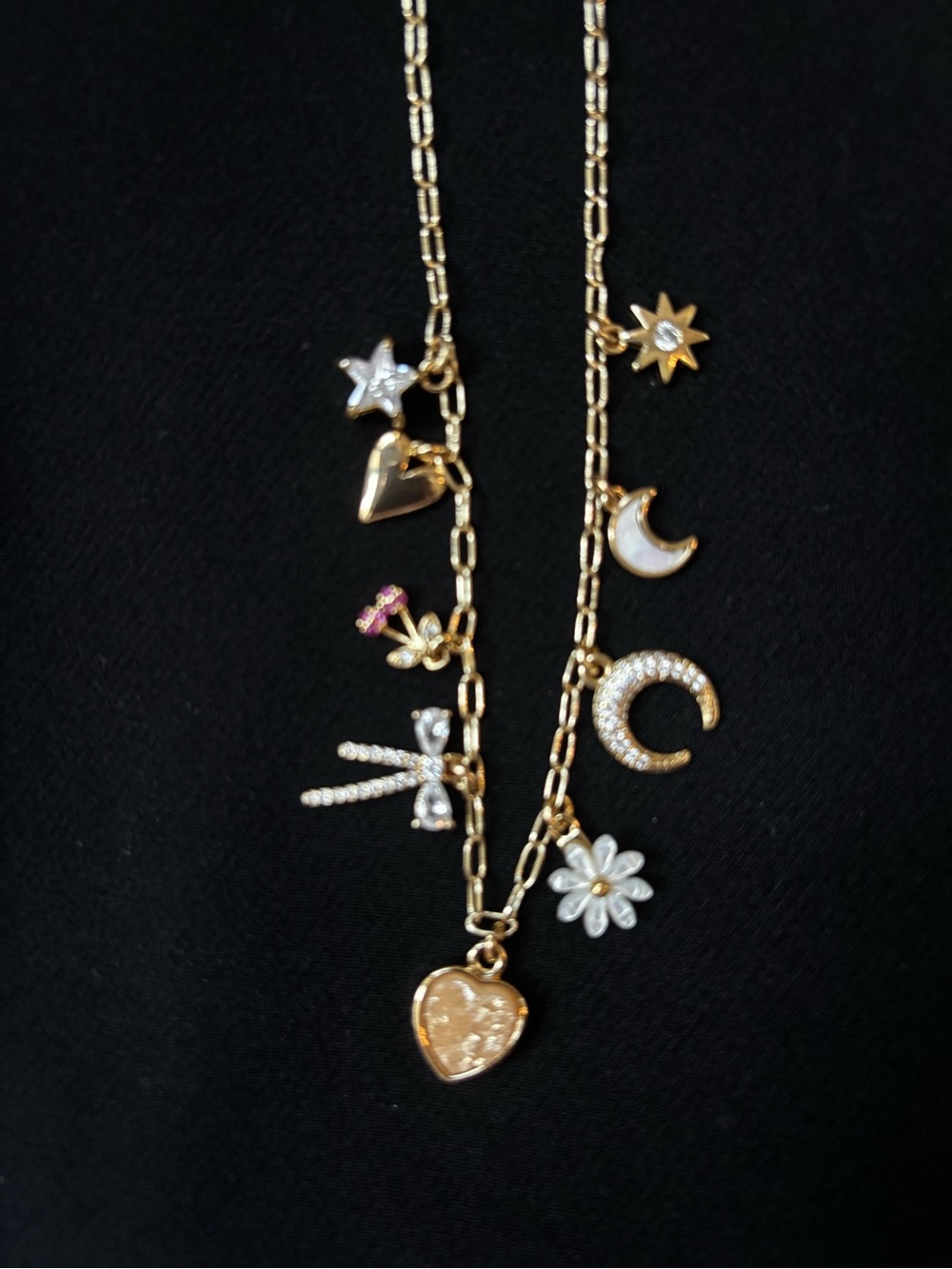 Gold Charm Layered Necklace with Heart, Moon & Flower Charms